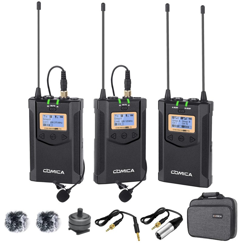 COMICA ميكروفون لافاليير لاسلكي، مع حقيبة حمل، نظام ميكروفون مزدوج CVM-WM100 PLUS UHF 48 قناة لكاميرات DSLR، وكاميرات XLR، والهاتف، وميكروفون لاف للمقابلات وتصوير فيديو يوتيوب - Image 1